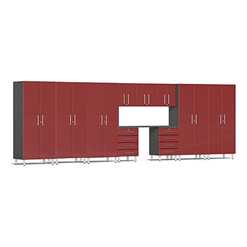 Ulti-Mate UG23111R 11-Piece Garage Cabinet Kit with Channeled Worktop in Ruby Red Metallic