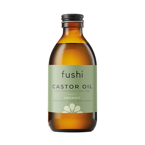 Fushi Bio-Rizinusöl, 250 ml, 100% rein kalt und frisch gepresst, für trockene Haut und Haarwuchs, Wimpern und Augenbrauen, Hexanfrei, natürliche Lebensmittelqualität, nachhaltig gewonnen (Verpackung kann variieren)
