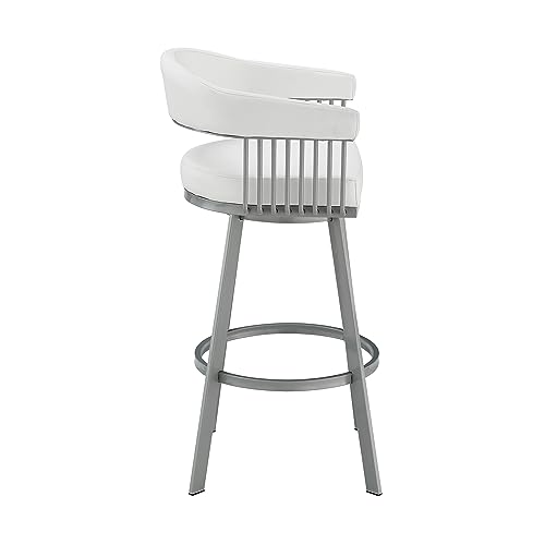 Butaco giratorio de altura para barra de 25 pulgadas Armen Living Chelsea en acabado plateado y tapizado en cuero sintético blanco miniatura 5