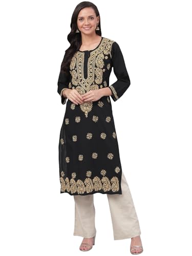 Image of Ada Hand Embroidered Chikankari Black Cotton Kurta for Women A207632 (5XL) | Women's handcrafted ethnic wear Chikan Embriodery casual office work wear Straight pure cotton handmade kurti tunic