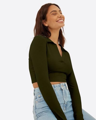 Image of AUSK Women's Regular Fit Crop top Full Sleeves Polo Neck