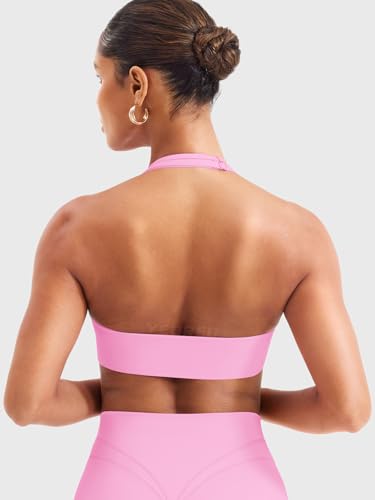 Image of YEOREO Women Halter Sports Bra Light Support V Neck Padded Strappy Open Back Workout Gym Tops
