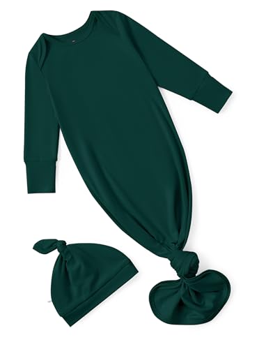 PATPAT Baby Sleeper Gown with Hat for Newborn Knotted Baby Gown with Fold-Over Mittens for Infant Girl Boy Home Coming Gift Olive 0-3 Months