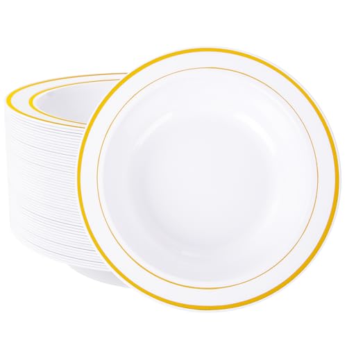 Nervure ET04 50 Pack Plastic Bowls With Gold Rim - 12Oz Disposable Soup Bowls cover