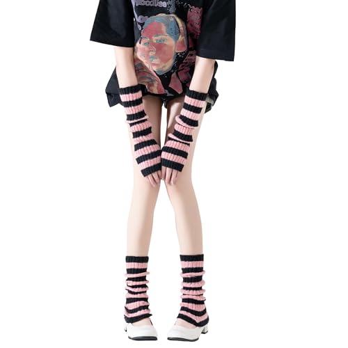DUNKOING Womens Striped Arm Leg Warmers Set Y2K Knitted Arm Sleeve and Leg Warmer Socks Kawaii Gothic Harajuku for Girls