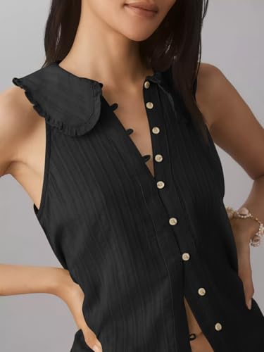 Womens Peter Pan Collar Sleeveless Shirt Summer Eyelet Cotton Button Down Tank Tops Casual Ruffle Flowy Blouse Vest2
