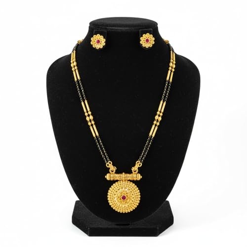 Image of Traditional Maharashtrian Long Mangalsutra with Pendant & Earrings | Antique Gold Plated Black Bead Chain | Micropolish Jewelry for Women & Girls Style