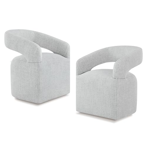 Image of KISLOT Upholstered Dining Chairs Set of 2, Modern Rolling Dining Chairs with Hidden Casters, Arm Kitchen Chairs with Linen Look Fabric, Padded Barrel Chairs for Dining Room, Kitchen, Light Gray