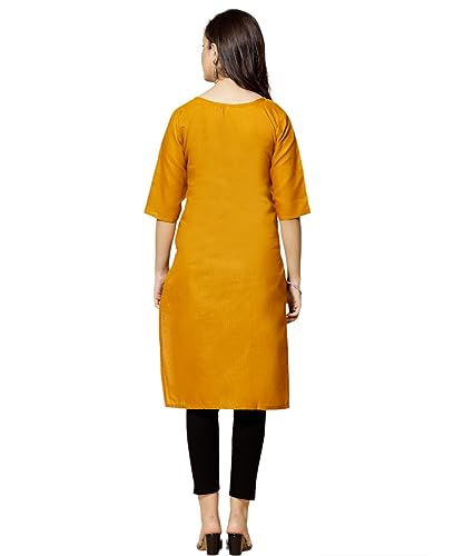 Image of Vinchic Women's Round Neck A-Line Cotton Embroidery Mustard Kurti | L | (EmbMustard01-L)