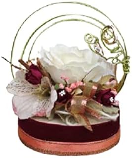 Fait à la main, Porte bagues rustique en bois avec fleurs sur une tranche de bois recouvert de ruban bourgogne et corail