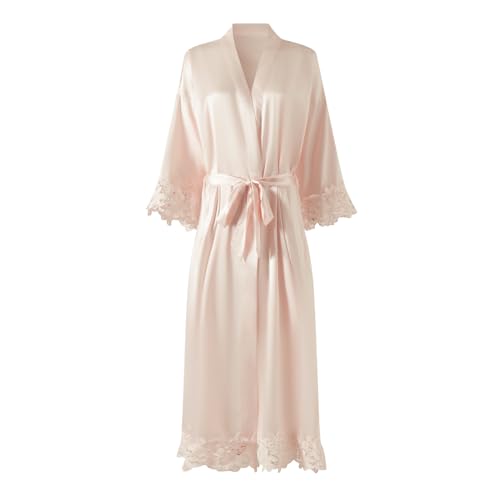 Image of Women's Long Bride Bridesmaid Robes with Lace Trim Embroidery Bridal Silky Satin Kimono Wedding Party Bathrobe