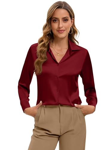 Image of Premium Soft Breathable Stretch Satin Silk Button Down Shirts for Women Long Sleeve Leopard Blouses Work Dress Tops