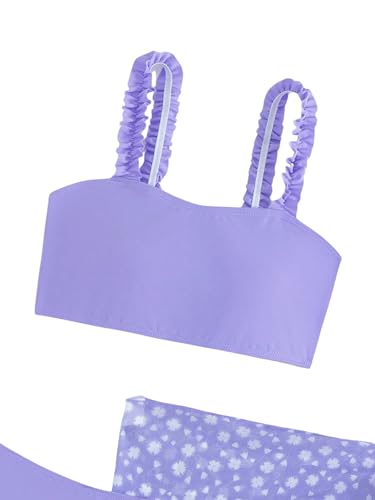 Image of OYOANGLE Girl's 3 Piece Swimsuits Ruffle Trim Wireless Bikini Set Bathing Suits with Floral Print Cover Ups Mauve Purple 9Y