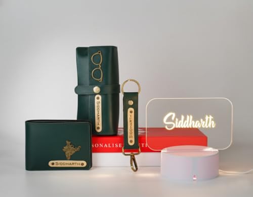 Image of AICA Personalized Name & Charm Dark Green Leather Wallet Mens Combo & LED Lamp Giftset | Customized Birthday Anniversary Wedding Gifts for Brother Husband Father Boyfriend | Gift Hamper