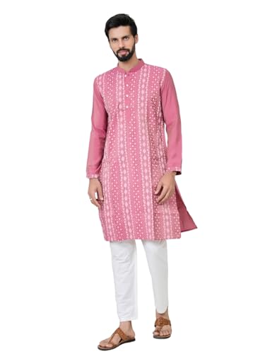 Image of See Designs Men's Full Sleeve Mandarin Collar Floral Embroidered Mandarin Collar Thread Work Straight Long Kurta with Pyjama - Festive Collection