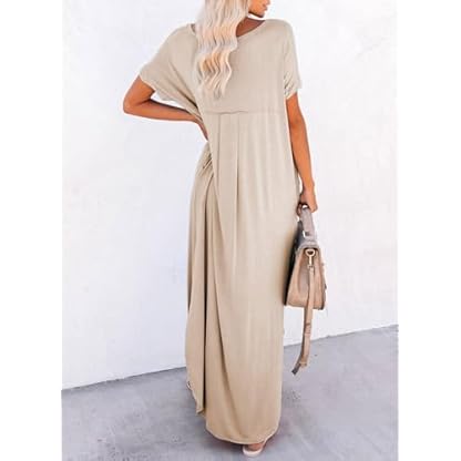 Dokotoo Womens Spring Summer Boho Hawaiian Vacation Outfits Fashion Long Dress T-Shirt Dress Short Sleeve Casual Loose Plain Maxi Beach Dresses Resort Wear Sundress with Pockets Parchment Small - Image 4