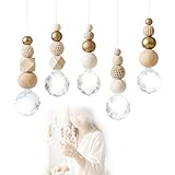 LOMUG Kristall Sonnenfänger 5er Set – Suncatcher mit Holzperlen & 30 mm K9 Kristallkugeln, Sanftes Lichtspiel, Skandinavische Fenster- & Wohnraumdekoration, DIY Deko zum Aufhängen