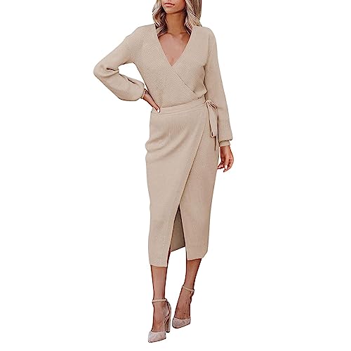 Robe d'hiver unie avec ceinture coupe midi pull tricot col en V
