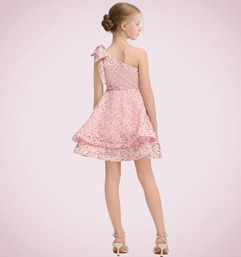 Sequined Flower Girl Dress Short Girls One Shoulder Wedding Party Gown A Line Sparkly Dresse for Teens2