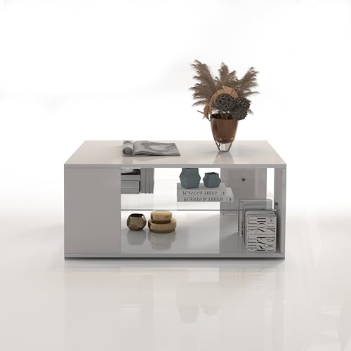 WHOUS Table Basse Egypt pour Salon avec Etagère en Verre, Dimensions: 90 x 60 x 40 cm, Couleur Blanc Brillant