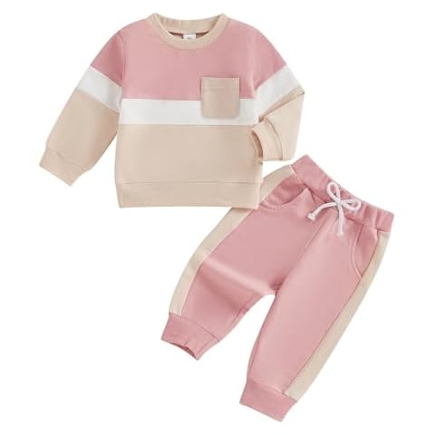 Douhoow Baby Boy Fall Clothes Toddler Girl Clothes Color Block Sweatshirt Tops and Pants Fall Winter Outfits (Pink, 6-12 Months) Cover