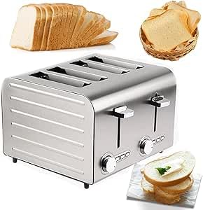 Fully Automatic Toaster, 4 Slice Auto Pop-up Stainless Steel Toaster with 7 Levels Adjustment Auto Pop-Up, 3.8Cm Independent & Extra Wide Slots for Home, Store, Hotel