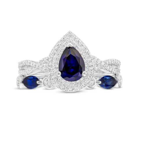 Rosie Collection Pear-Shaped Blue Sapphire Double Halo Twist Shank Art Deco Wedding Ring Bridal Set in Sterling Silver2