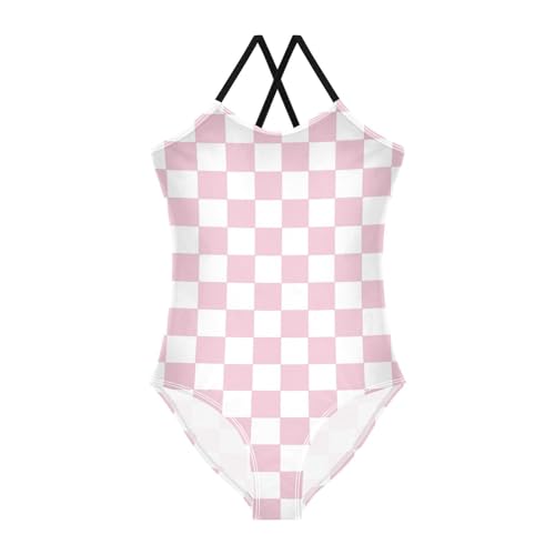 Image of Black and White Chess Girls One Piece Swimsuits Board Marble Tile Sport Halter Swimwear Beach Bathing Suit 3T