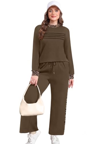 Image of WIHOLL Two Piece Sets for Women Fall Travel Vacation Outfits 2026 Long Sleeve Lounge Sets Side Slit Wide Leg Pants XS-3XL
