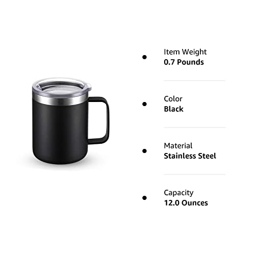 Civago 12Oz Stainless Steel Coffee Mug Cup With Lid And Handle, Double Wall Vacuum Insulated Coffee Tumbler, Reusable And Durable Travel Coffee Cup Thermal Cup, Powder Coated (Black, 1 Pack) #TOP7