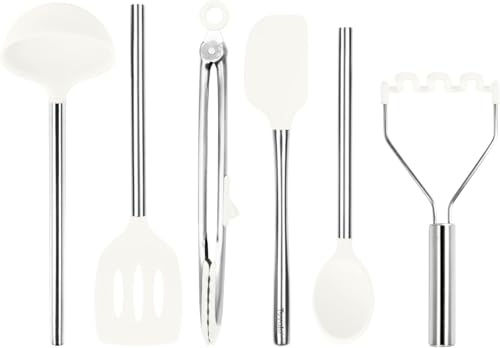 Tovolo Silicone Cooking Utensil Set of 6 Stainless Steel Handle Ladle Slotted Turner Tongs Flex Core Spatula Scraper Mixing Spoon & Potato Masher, Dishwasher Safe BPA Free Utensils, White