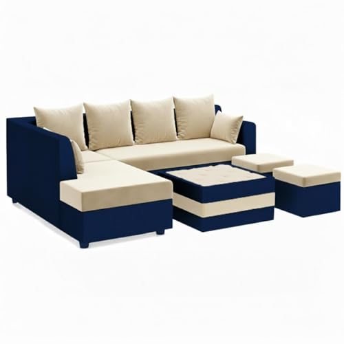 Image of CASASTYLE Stylify 8 Seater Fabric LHS L Shape Sofa Set with 1 Centre Table & 2 Ottoman (Cream-Dark Blue) 8-Person Seating with Premium Velvet Finish