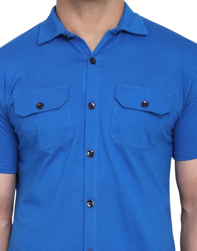 Image of Men's Half Sleeve Shirt - Spread Collar Casual Shirt with Double Flap Pockets - Slim Fit Cotton Blend Button-Down