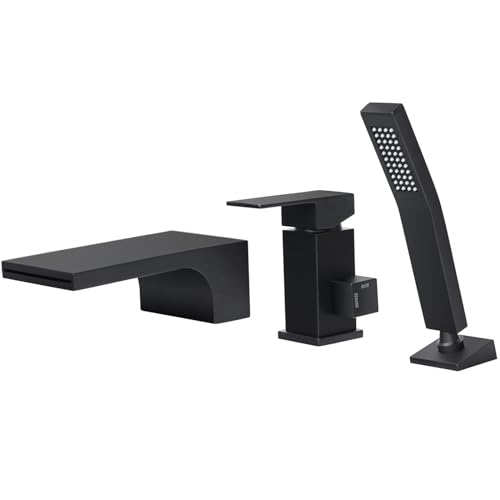 3 Loch Wannenrandarmatur Wasserfall, 3 Loch Badewannenarmatur mit Handbrause, Einzelgriff Wannenarmatur, Kaltes und Heißes Badarmatur Badewanne, Schwarz, 6Y3OK