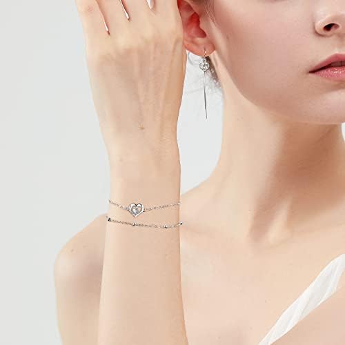 Lydreewam Love Heart Bracelet for Women 925 Sterling Silver Double Chain Bracelet with Zirconia Birthday Mother's Day Valentines Day Jewelry Gift, Adjustable 17+4cm
