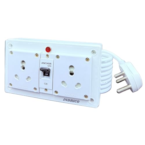 INDRICO 16A Electric Multi Outlet Extension Board Box With Mcb For Heavy Duty Pvc White Pack Of 1 (2.5 Mm 3000 Watts, 3 Meter Cable), 240 Volts
