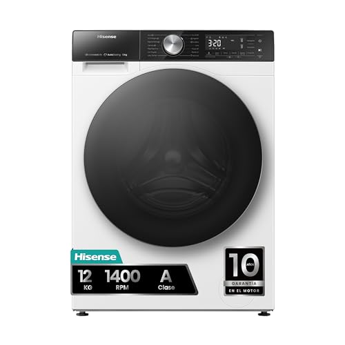 Hisense WF5S1245BW - Lavadora con Vapor, Conectividad Wifi, Carga Frontal 12 Kg Lavado, 1400 rpm, Motor Eficiente Inverter, Sistema Antibalanceo, Puerta XL, Gran Display LED, PureJet,AutoDose, Blanco