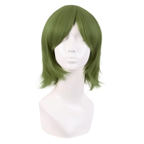 MapofBeauty 12 Pulgada/30 cm Monochrom Side Flequillo Corto Lacio Pelucas Alta-temperatura Fibras de Cosplay Pelucas (Verde Oliva)