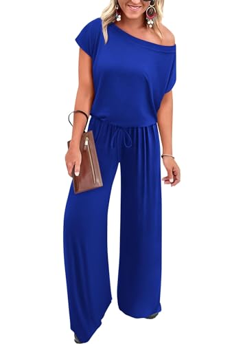 KIRUNDO Womens Jumpsuit 2026 Casual Summer Loose One Piece Off Shoulder Elastic Waist Wide Leg Long Romper with Pockets(Blue, XX-Large)