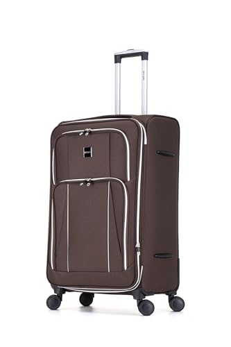 Skylark Large 29” Lightweight Softshell Expandable Suitcase, Integrated Combination Lock, 4 Wheels Check in Luggage for 23kg (Coffee, 112 litres)