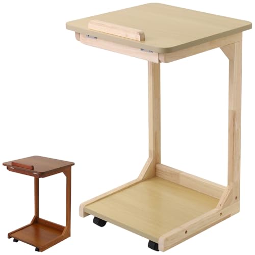 life_mart サイドテーブル 【 角度調節 4段階 360度回転キャスター はっ水加工 】 スリム 収納 キャスター付き ソファ テーブル ソファテーブル コの字型 高さ調節可能 ベッドサイドテーブル おしゃれ ベッドサイド (ナチュラル)