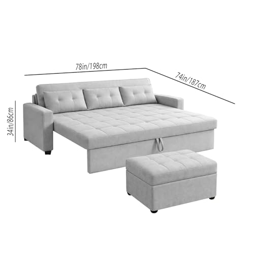 Image of Emilio 3 Seater with Ottomon Pull-Out Sofa Cum Bed (Grey Color) Premium Fabric Sofa Set for Living Room | Bedroom