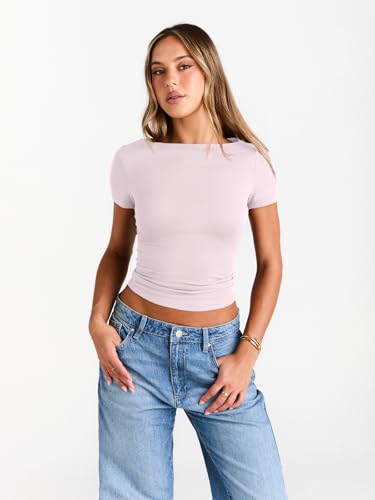 Image of Trendy Queen Womens Boat Neck Tops Short Sleeve Shirts | Compression Basic Tops,Y2K Aesthetic Slim Fit,Professional Business Casual, Polished Teacher Outfits