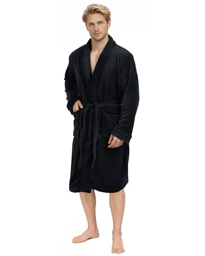 NY Threads Robe de chambre à col châle pour hommes, vêtements de nuit et d'intérieur doux et douillets, Noir, Moyen