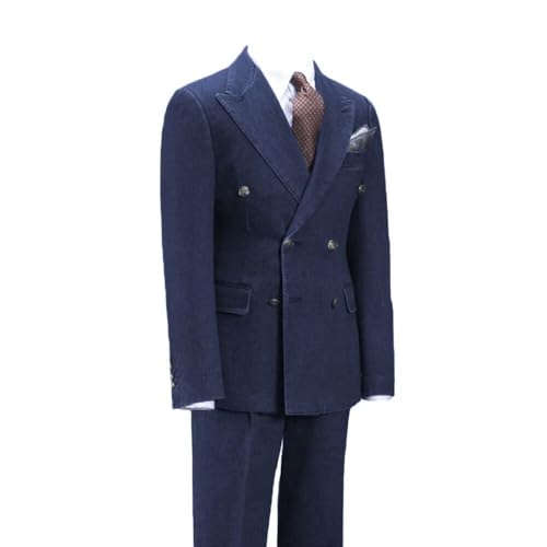 LEWIJO Dark Blue Denim Suit for Men Fashion Double Breasted Tuxedos for Prom Regular Fit 2 Pieces Blazer Pants Leisure Peak Lapel Suits Size 50
