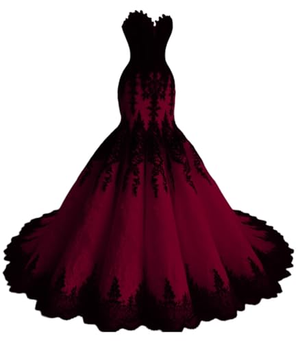 Gothic Mermaid Wedding Dresses for Bride Strapless Black Lace Bridal Gowns Sweetheart Wedding Gowns with Train