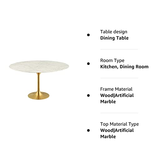 Modway Lippa 60" Mid-Century Dining Table With Round Artificial Marble Top In Gold White #TOP4