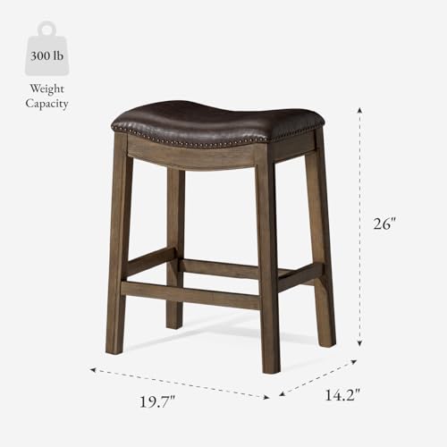 Image of Maven Lane Adrien Backless Counter Stool - Set of 3 - 26 Inches - Saddle Stool with Footrest - Brown Solid Wood Frame & Dark Brown Faux Leather Upholstery - Perfect for Kitchen Islands & Counters