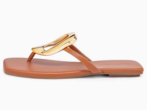 Image of Coutgo Womens Flat Sandals Comfortable Flip Flops Slide Sandals Summer Beach Shoes with Metal Decoration