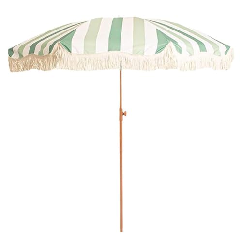 Sombrilla grande de jardín con flecos, sombrilla de playa portátil de 200 cm con rayas, protección UV, sombrilla de vacaciones con borlas inclinable para piscina, balcón, terraza y patio.